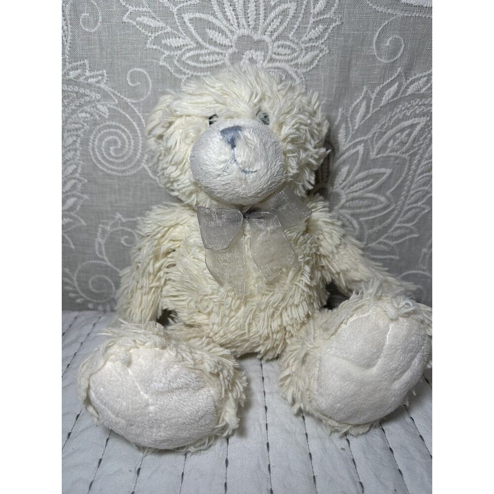 First Impressions Plush Bear Shaggy Cream Gray Silver Bow Macys Teddy 13"